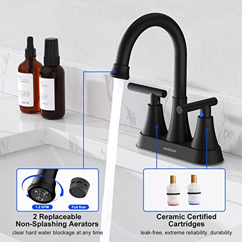 Hurran 4 Inch Matte Black 3-Hole Bathroom Sink Faucet With Pop-Up Drain