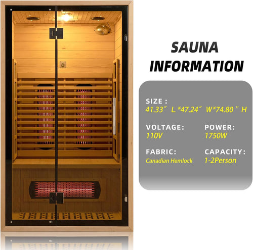 2-Person Red Light Far Infrared Indoor Sauna, 1750W/110V, Canadian Hemlock, 41.33in x 47.24in x 74.80in