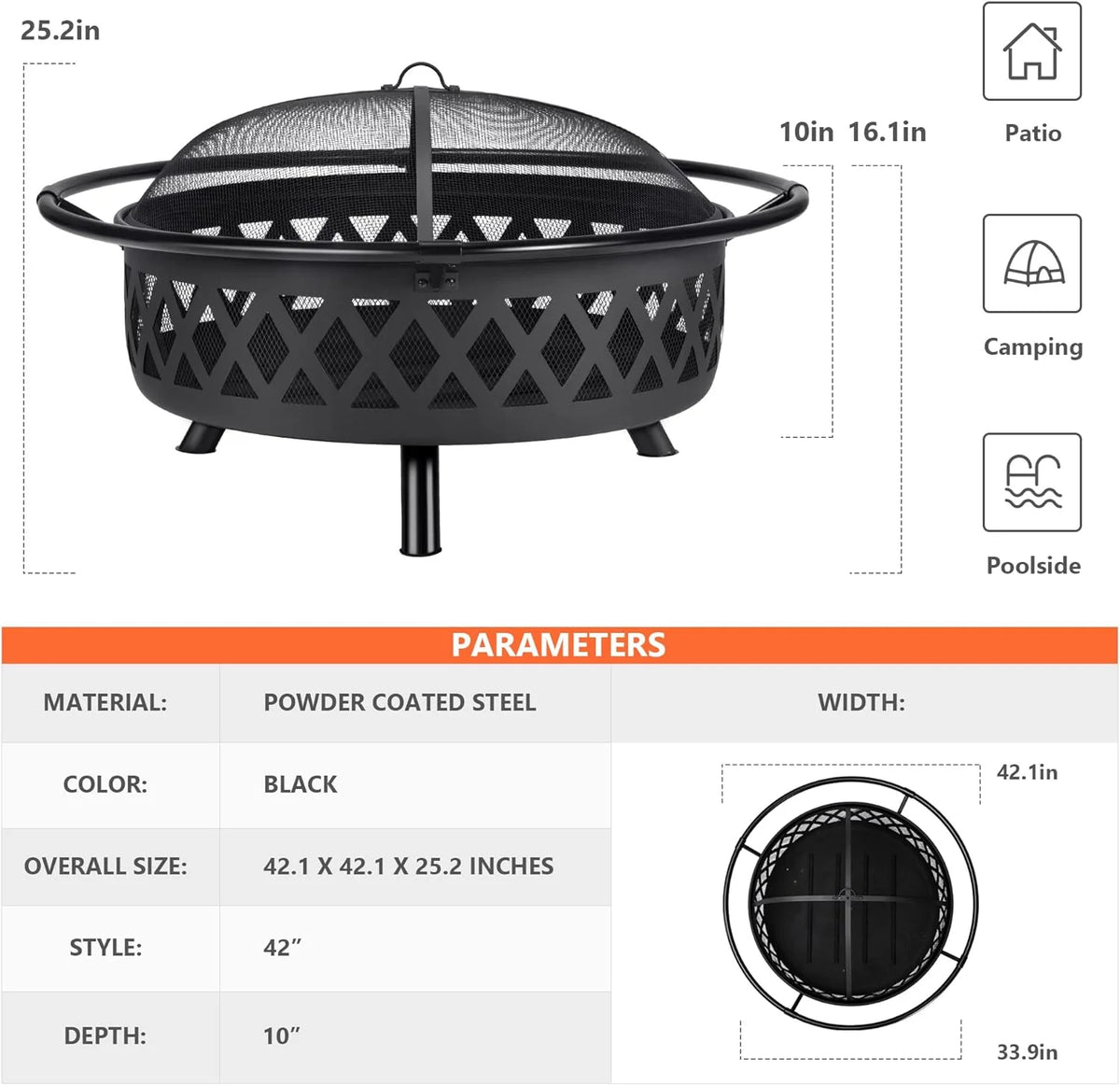 SUNCREAT 42-Inch Wood Burning Patio Fire Pit, Black, 42.1 Inch Diameter x 25.2 Inch High