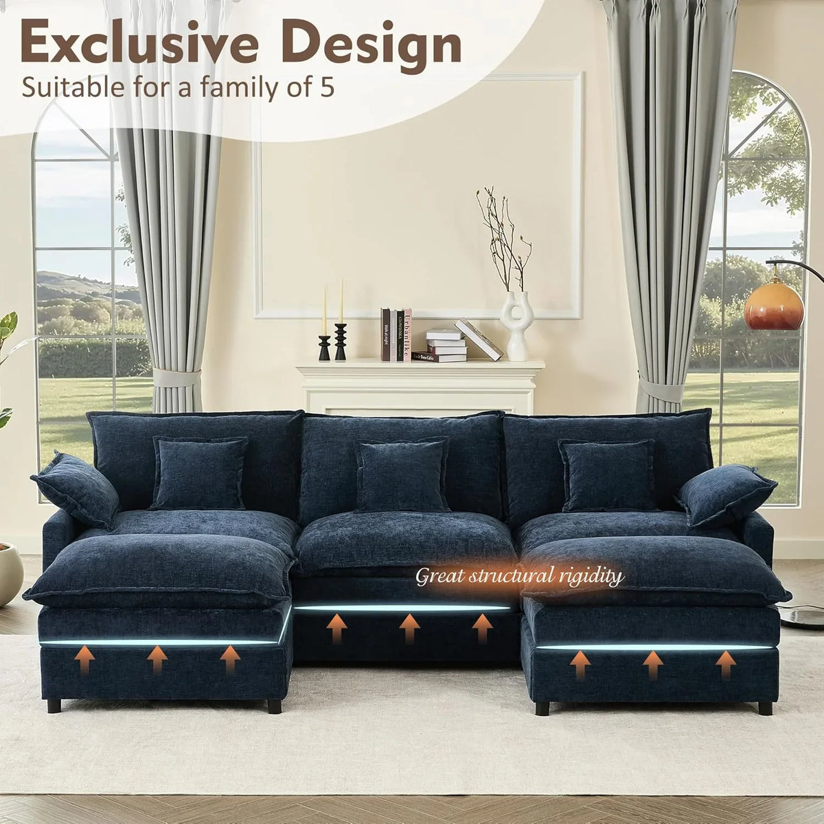108 Inch U Shape Sectional Sofa With Removable Footstool