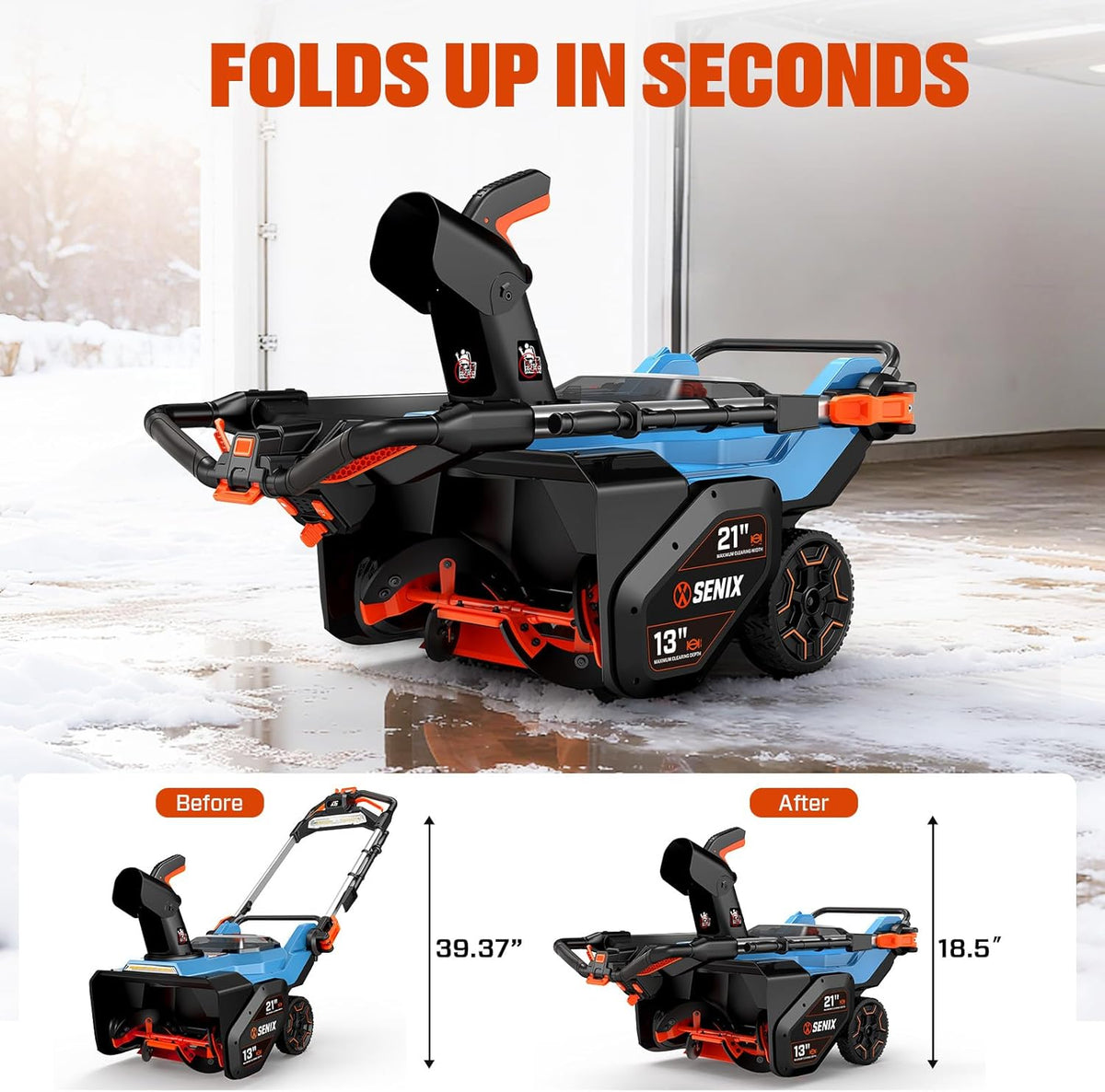 SENIX Cordless Snow Blower 60V 21 in Steel Auger Heated Handle - 3500W