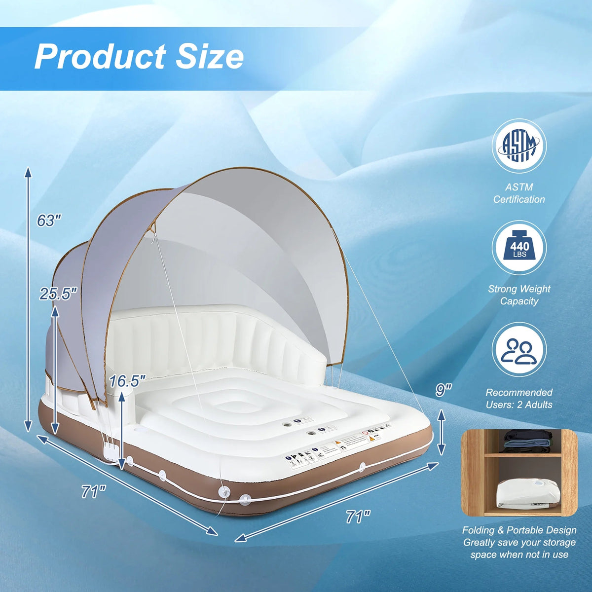 Costway Canopy Inflatable Pool Float Lounge, 71'' x 71'' x 63'' - White Brown Silver