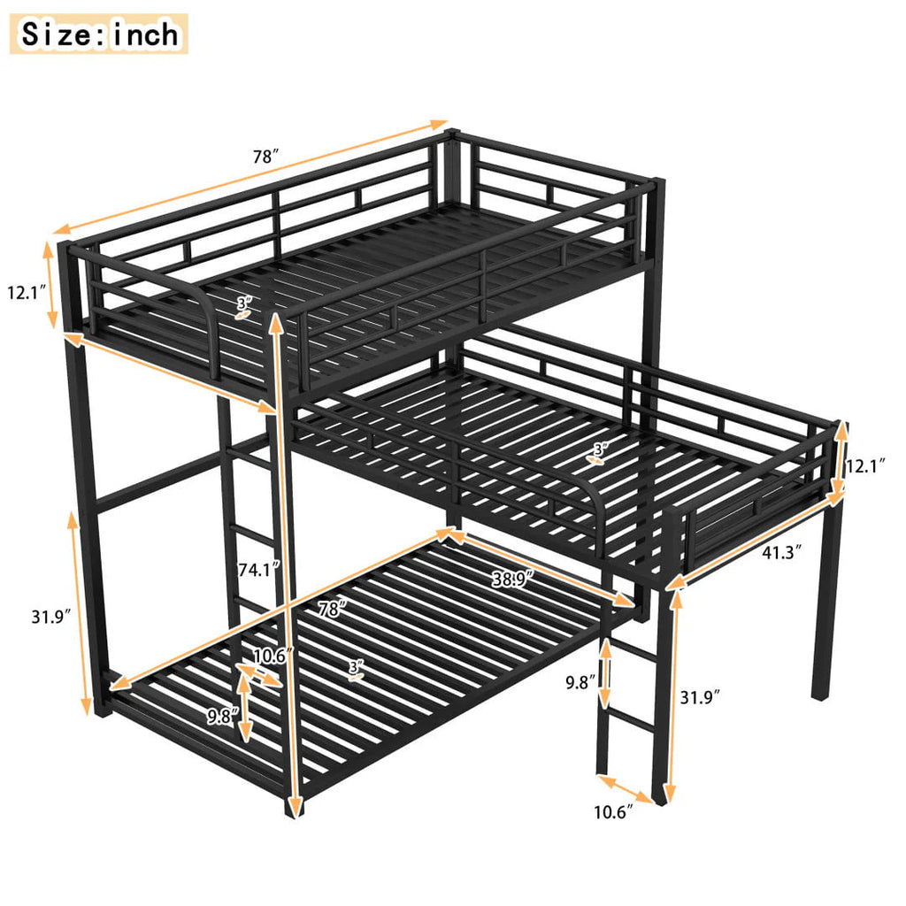 L-Shaped Metal Triple Twin Bunk Bed For 3, Black