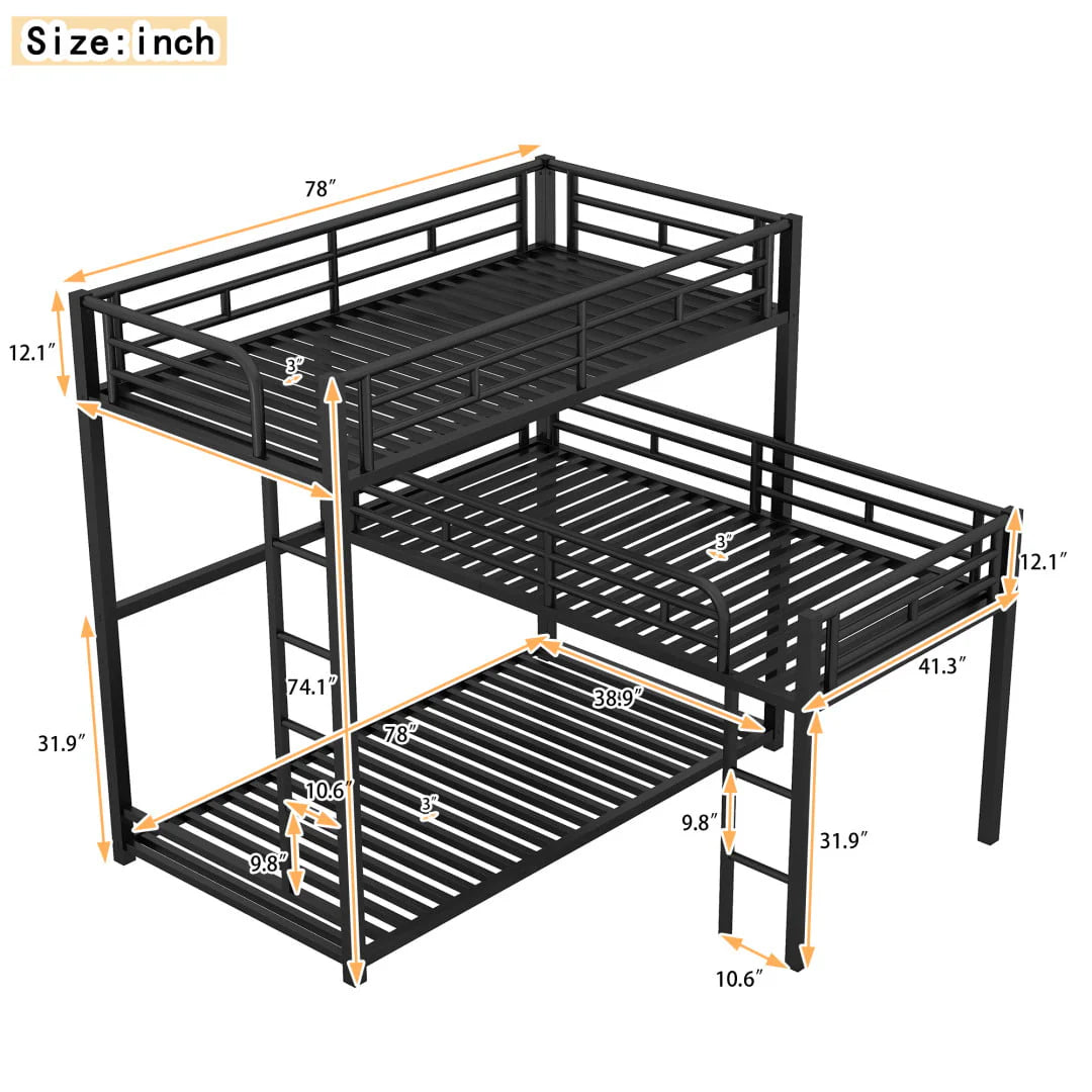 L-Shaped Metal Triple Twin Bunk Bed For 3, Black