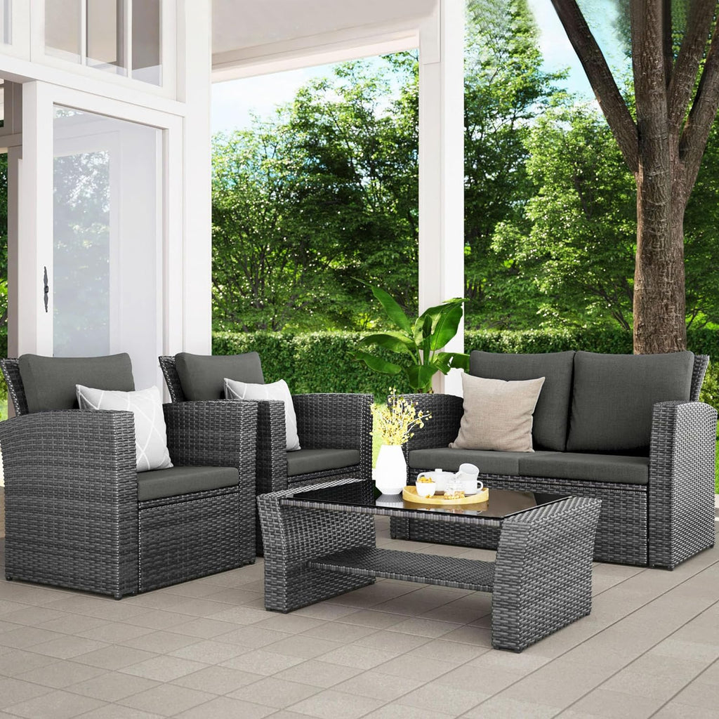 Wisteria Lane 4-Piece Outdoor Wicker Patio Conversation Set With Blue Cushions