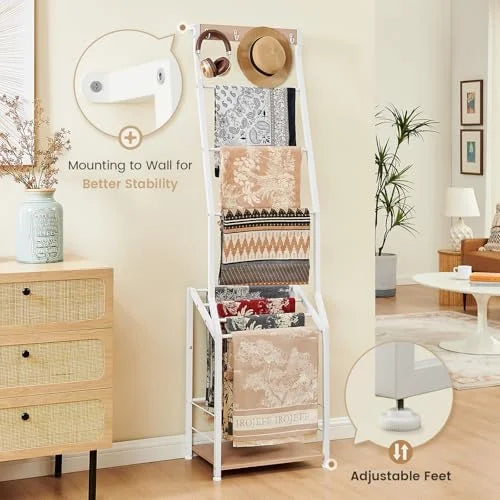 Pinzoveco 7-Tier Blanket Ladder Shelf With 4 Hooks, 5.5 ft / 18.1 x 12.6 x 66.2 in