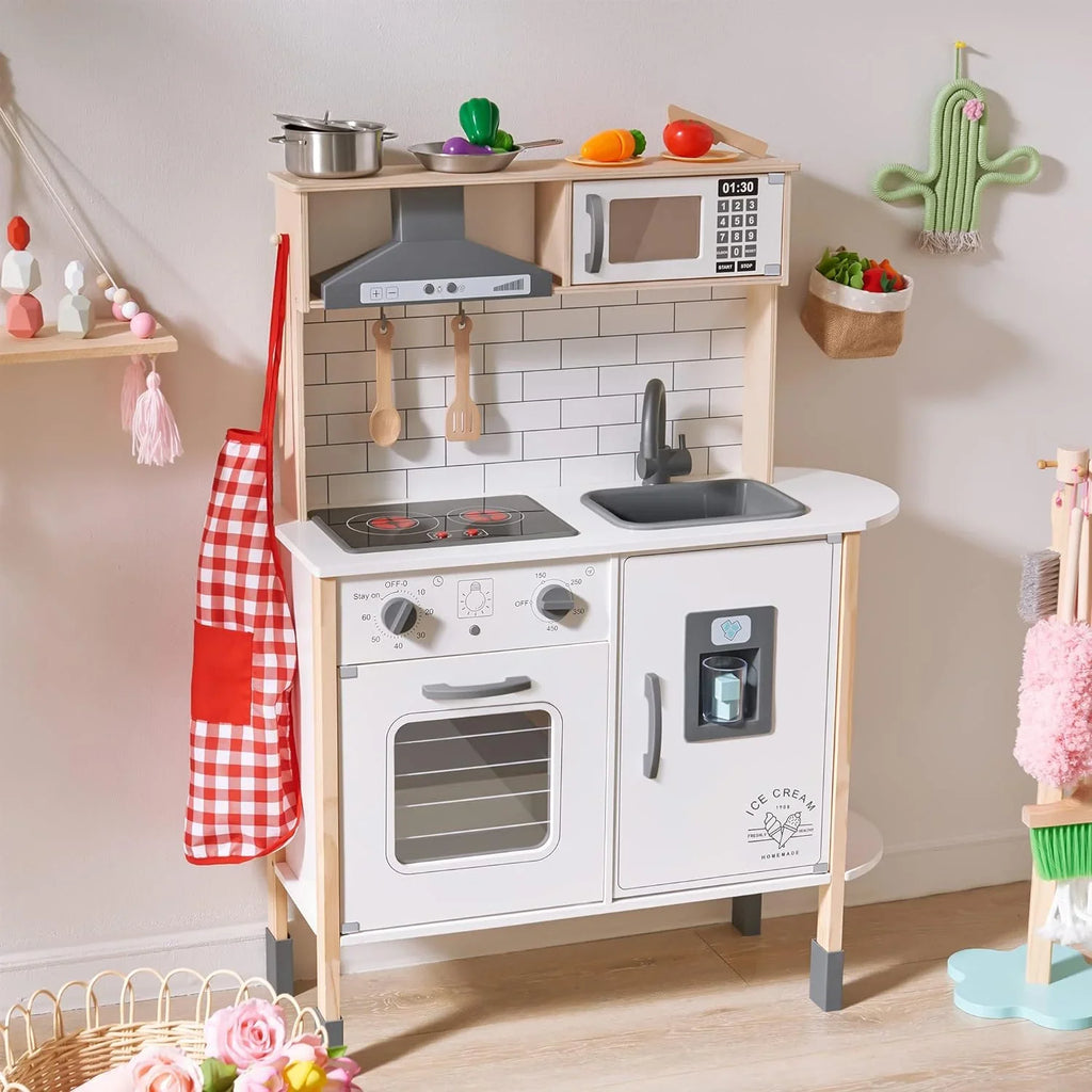 Tiny Land Wooden Children's Play Kitchen Set, White, 30.3 x 11.8 x 40 Inches