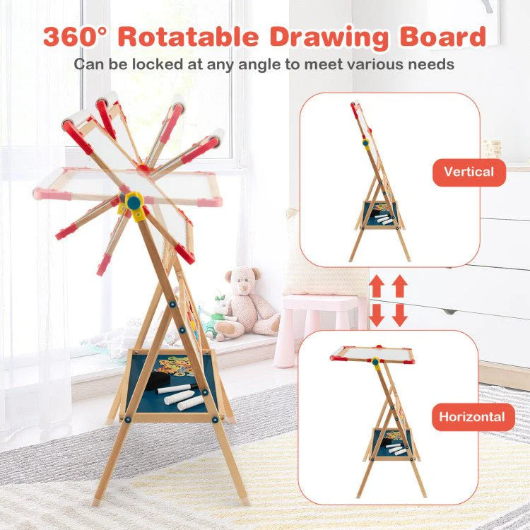 Kids Wooden Art Easel With Chalkboard, Magnetic Whiteboard And Paper Roll - 3-In-1