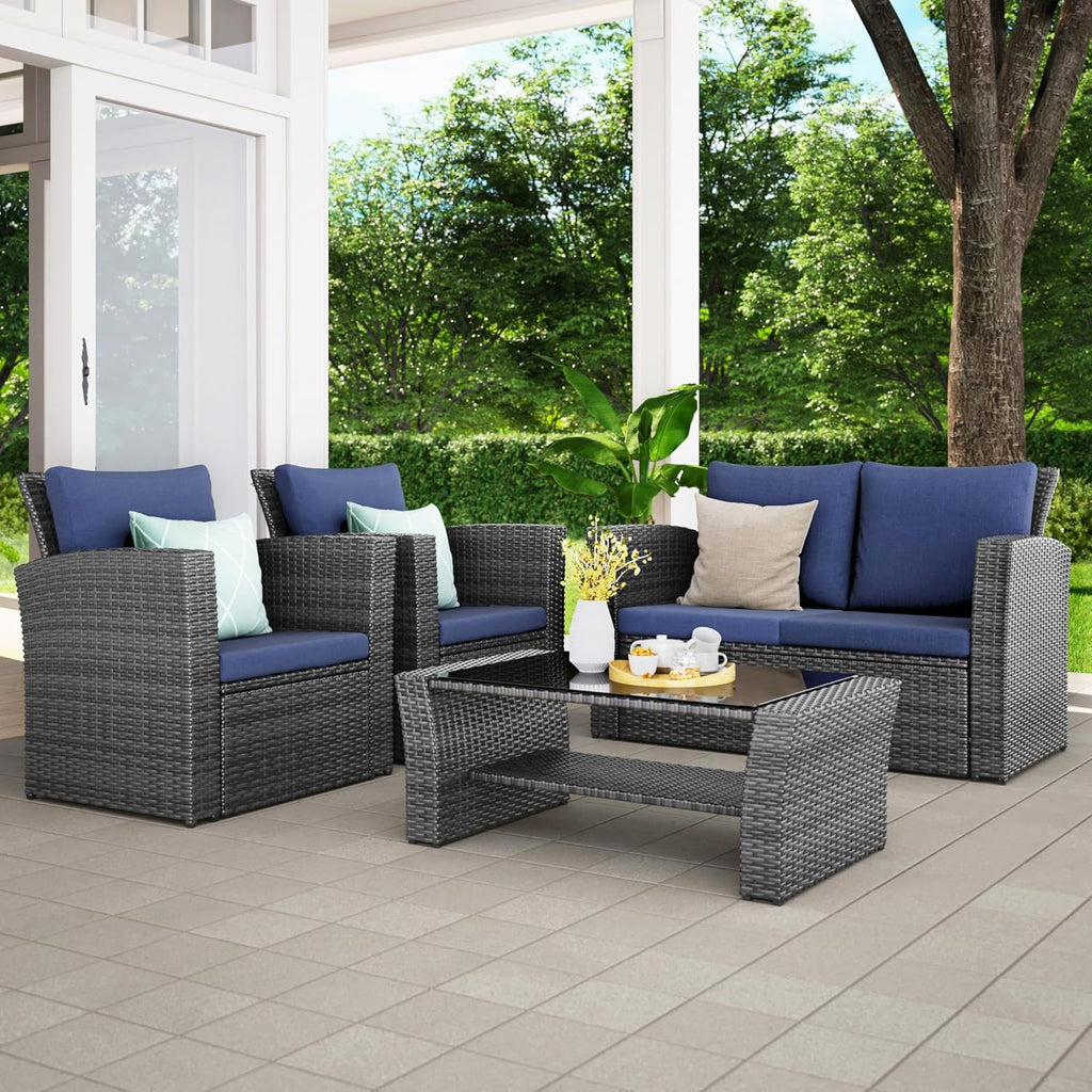 Wisteria Lane 4-Piece Outdoor Wicker Patio Conversation Set With Blue Cushions