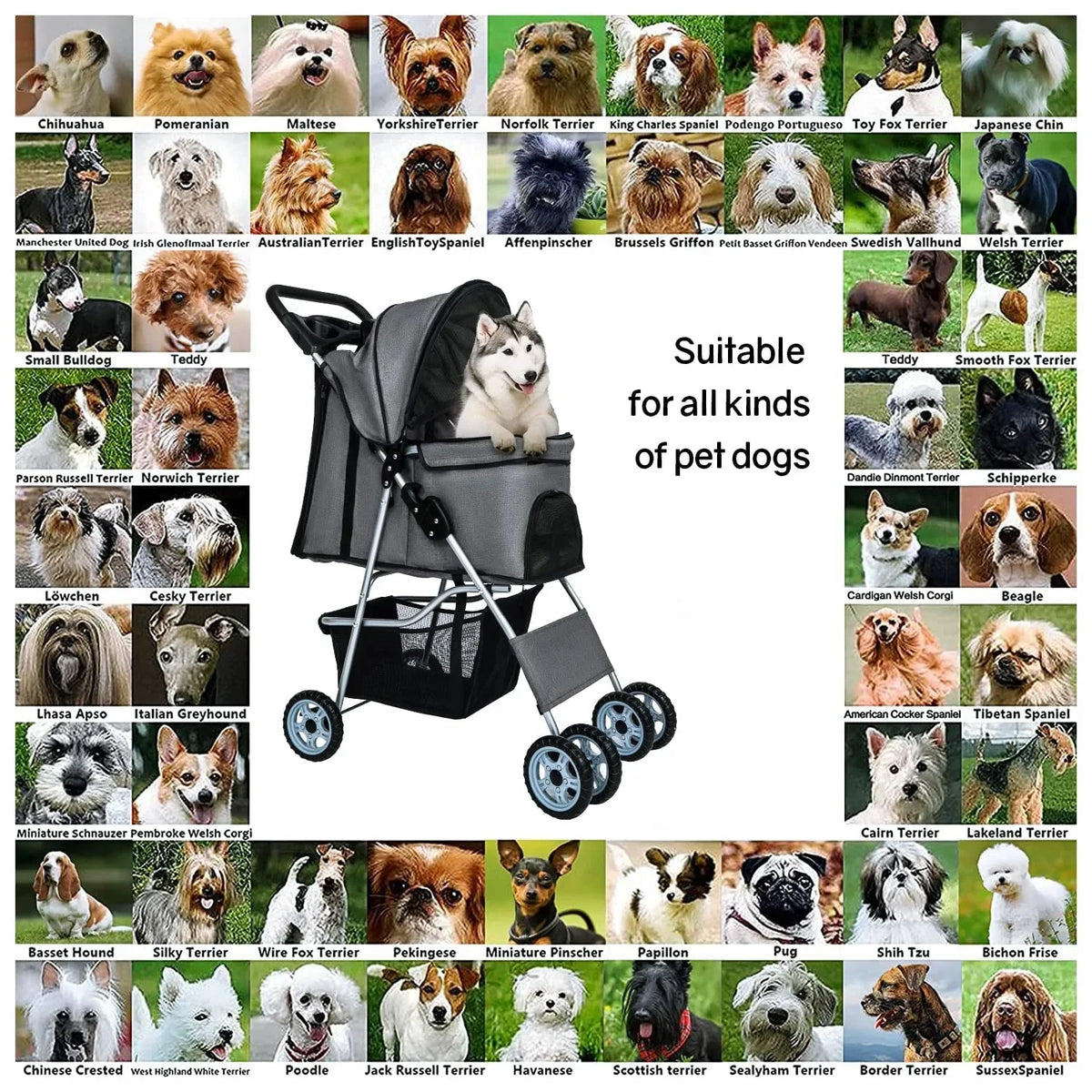 Dkelincs 4-Wheel Foldable Dog Cat Stroller Travel Carrier, Grey - 29.5in L x 18.9in W x 39.8in H