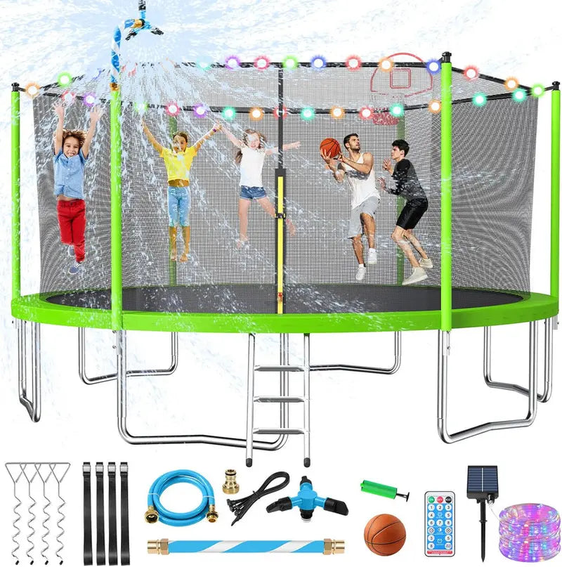 Trampoline With Enclosure Net And Adjustable Basketball Hoop - 8ft, 10ft, 12ft, 14ft, 15ft, 16ft