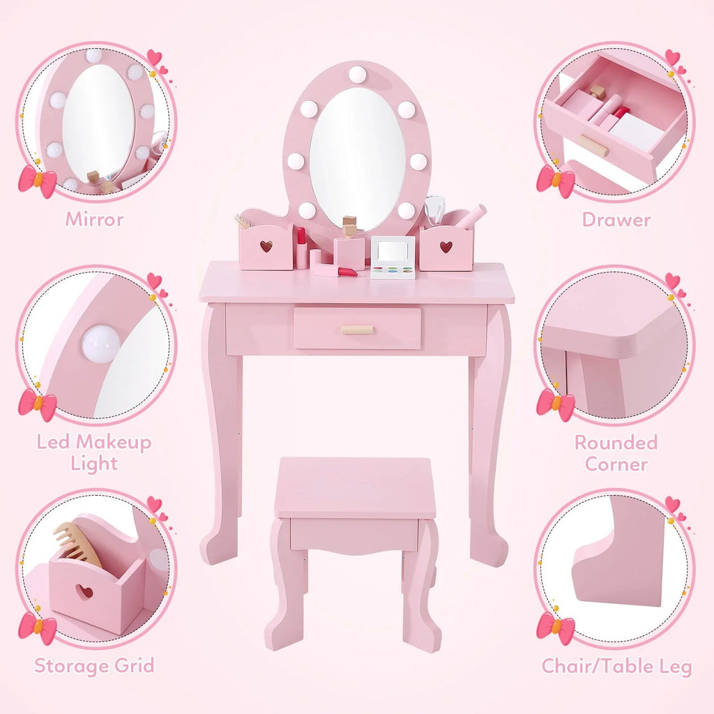 Kids Wood Vanity Table And Chair Set With Lights, Mirror, Drawer And Stool