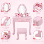 Kids Wood Vanity Table And Chair Set With Lights, Mirror, Drawer And Stool