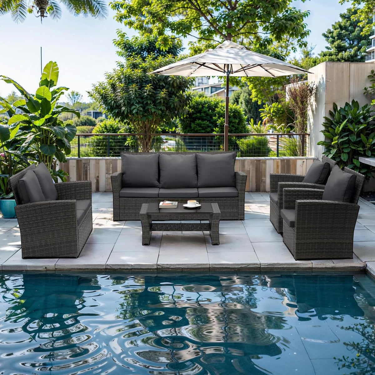 Wisteria Lane 4-Piece Outdoor Wicker Patio Conversation Set With Blue Cushions