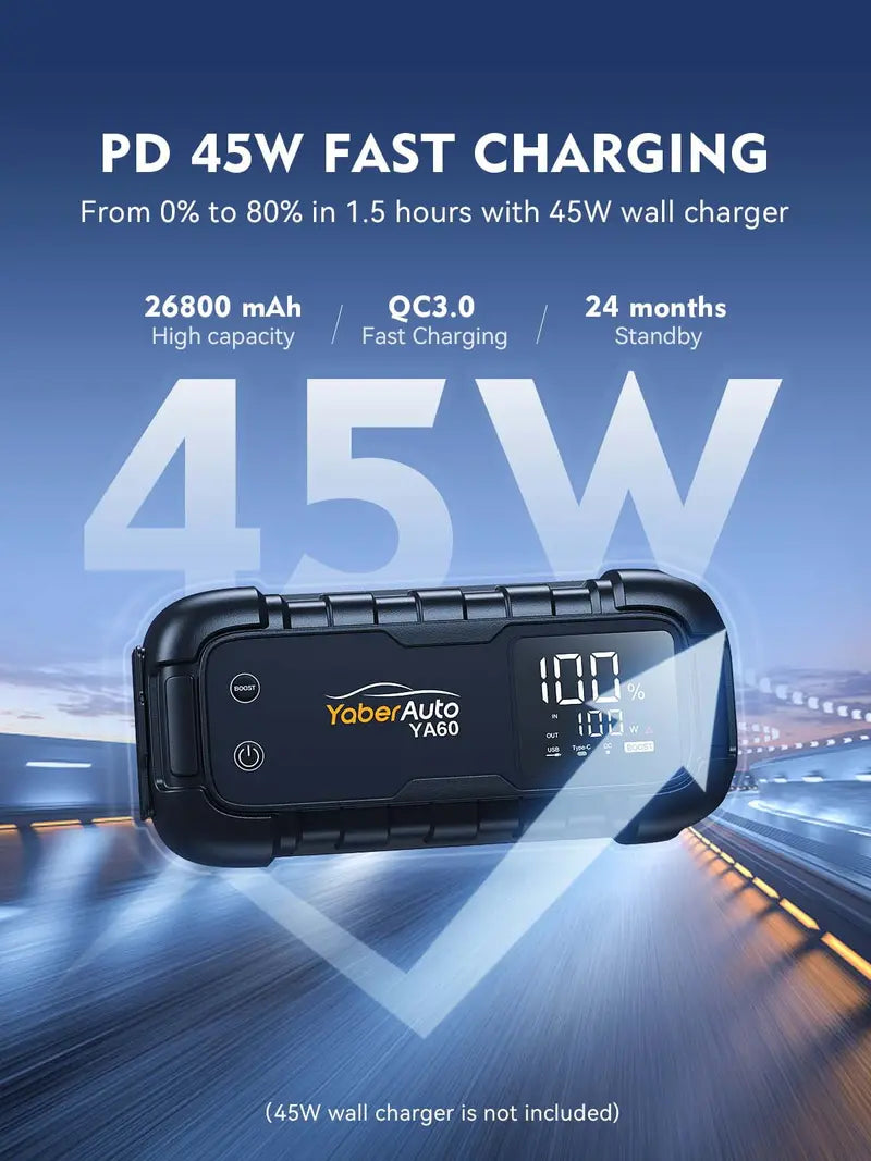 YaberAuto Car Battery Jump Starter 6000A, 26800mAh, 45W, 600 Lumens - YABERAUTOYA60