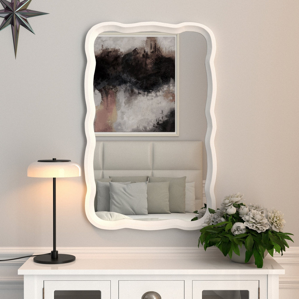 Curved Scallop Wood Frame Accent Mirror, 23.5 in L x 38 in W x 1 in H - Antique-Brown Or White