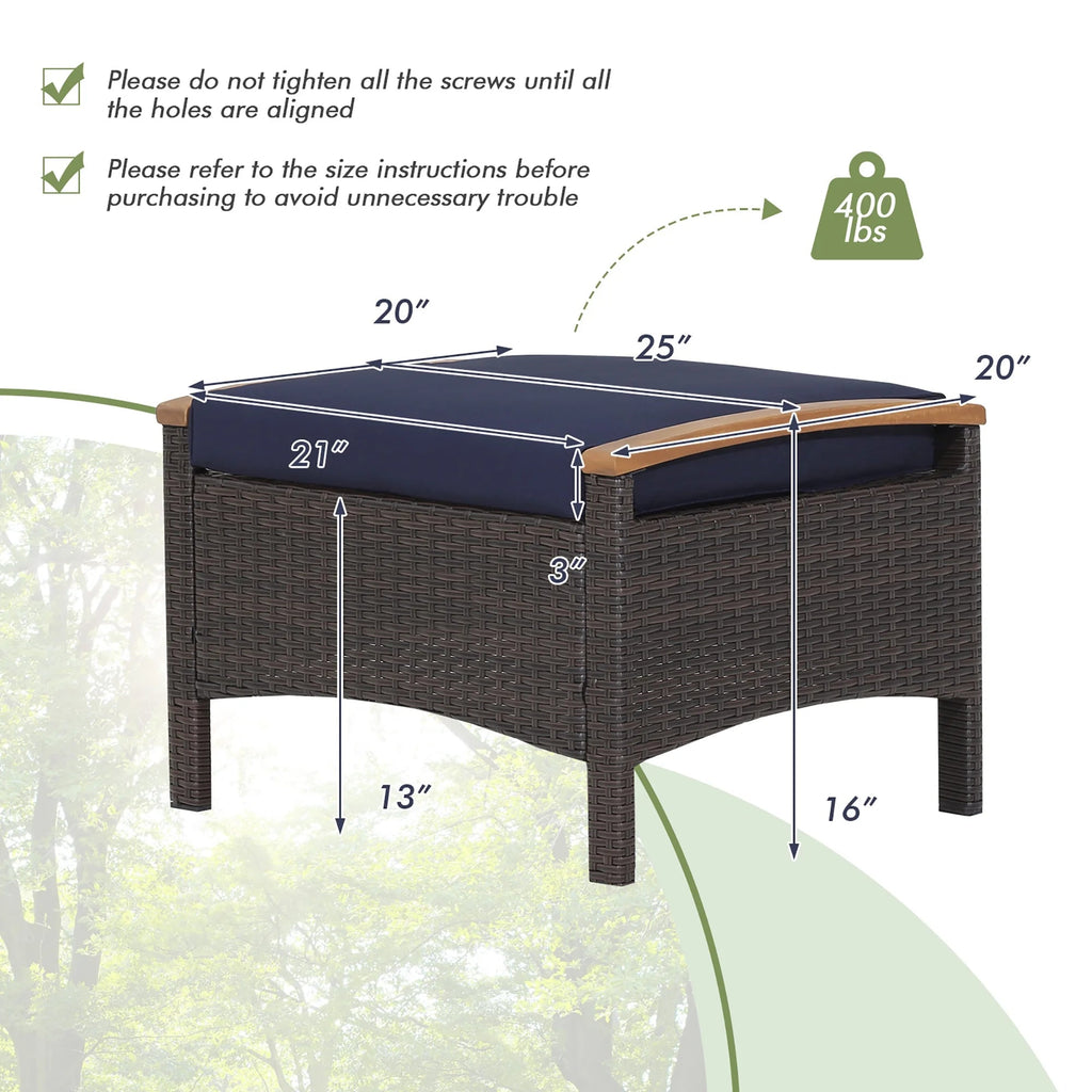 Costway Set Of 2 Patio Rattan Ottoman Footrests With Cushions, Mix Brown/Beige, 25 x 20 x 16 in