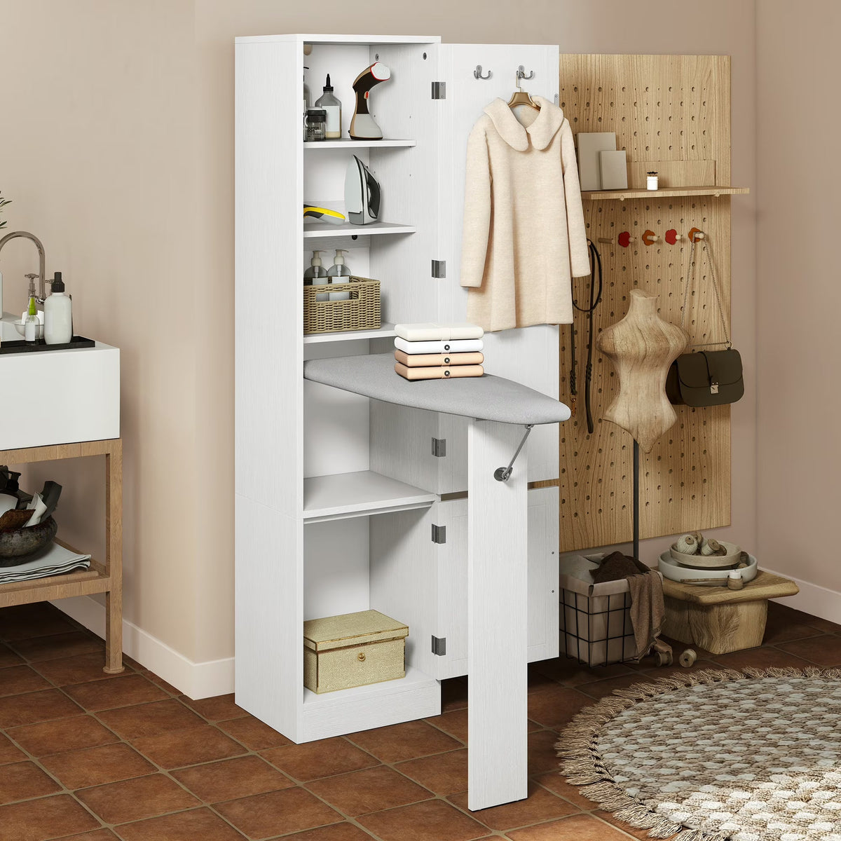 Uforic Ironing Board Storage Cabinet With Foldable Board, Support Leg, White