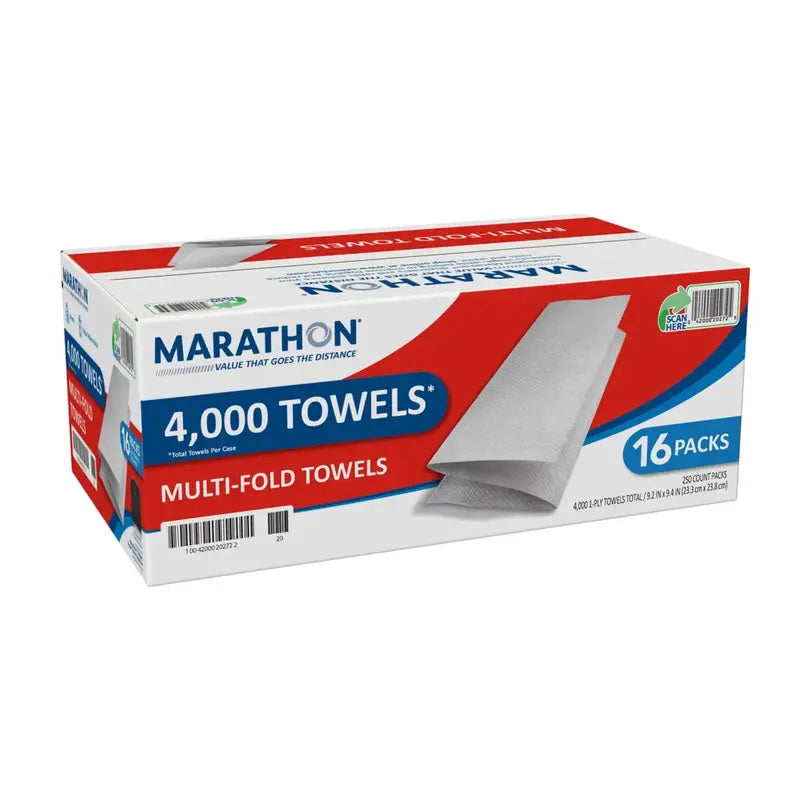 Marathon Multifold 1-Ply Paper Towels, White, 9.2 x 9.4 inch, 4,000 Towels/Case - SFI Certified