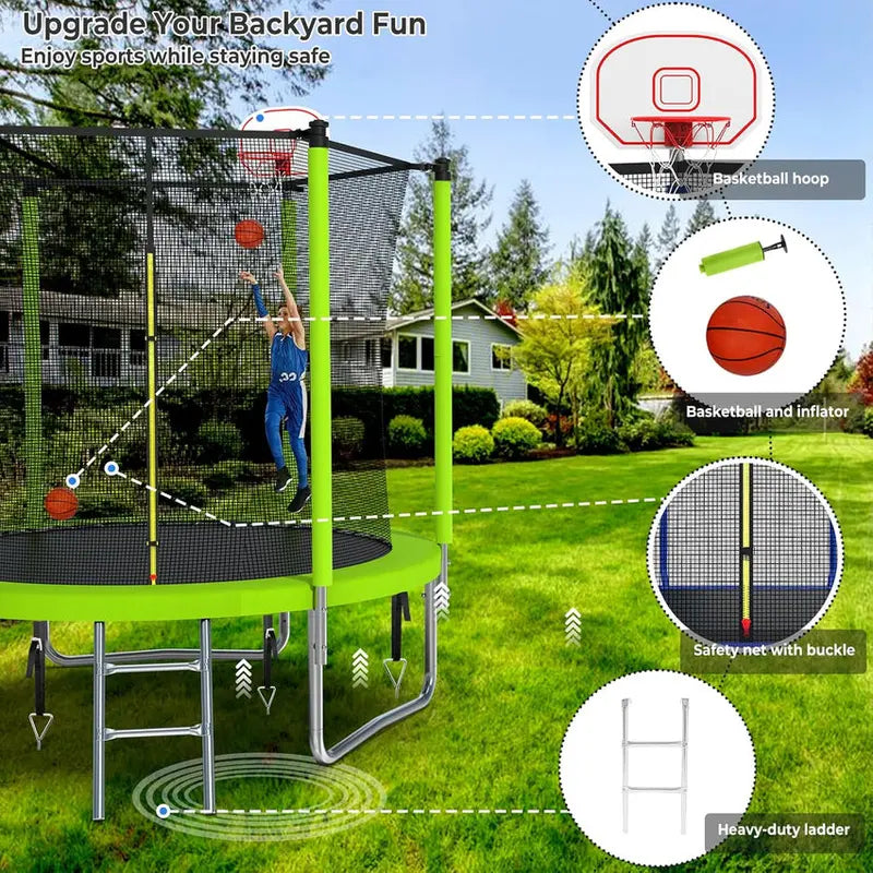 Trampoline With Enclosure Net And Adjustable Basketball Hoop - 8ft, 10ft, 12ft, 14ft, 15ft, 16ft