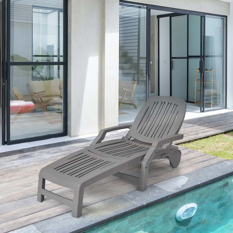 Folding Plastic Outdoor Chaise Lounge Chair With Wheels, 6-Position, 65.5 x 29 x 16.5-37 in, 330 lbs