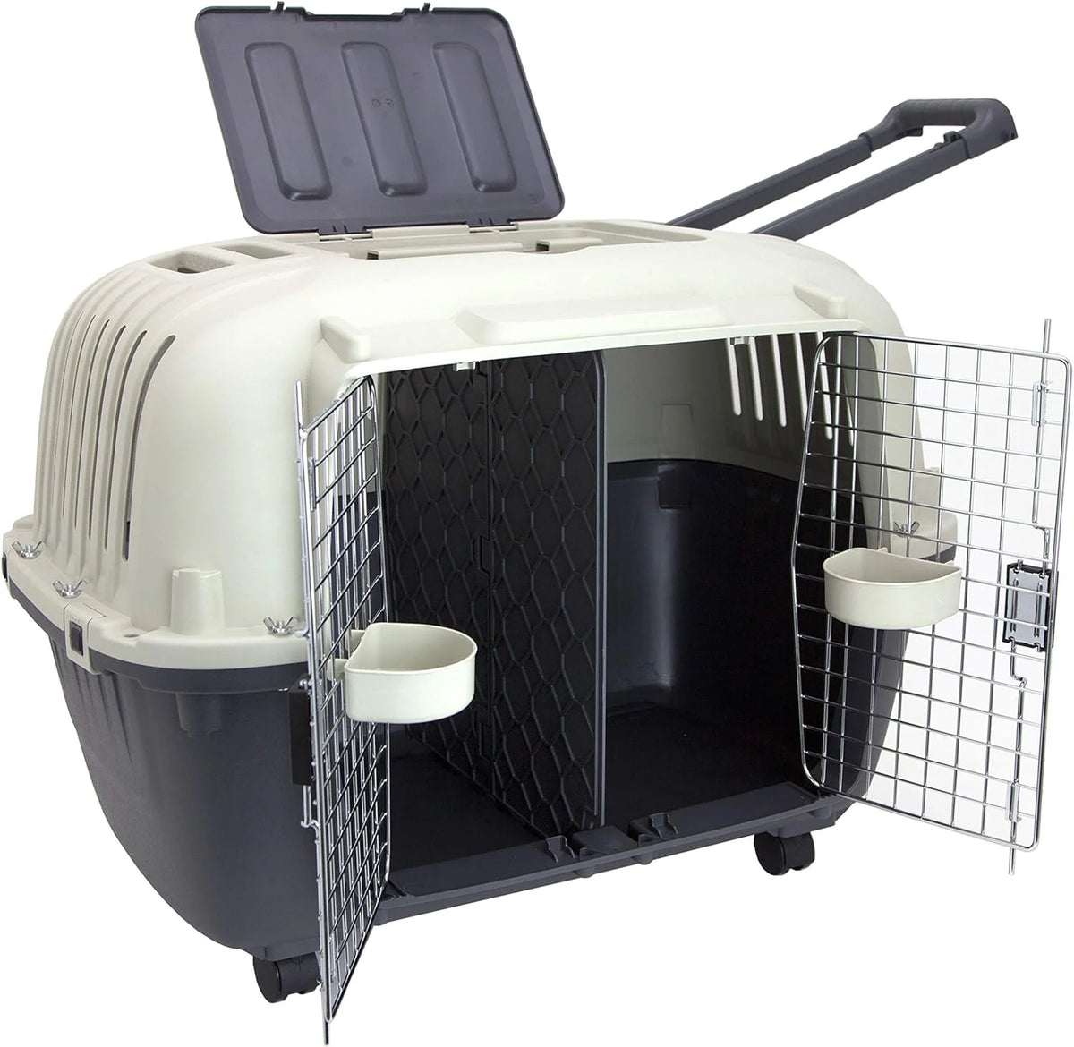 SportPet Designs Plastic Airline Approved Rolling Dog Kennel With Wire Door, XXX-Large, Gray, 48in L x 32in W x 36in H