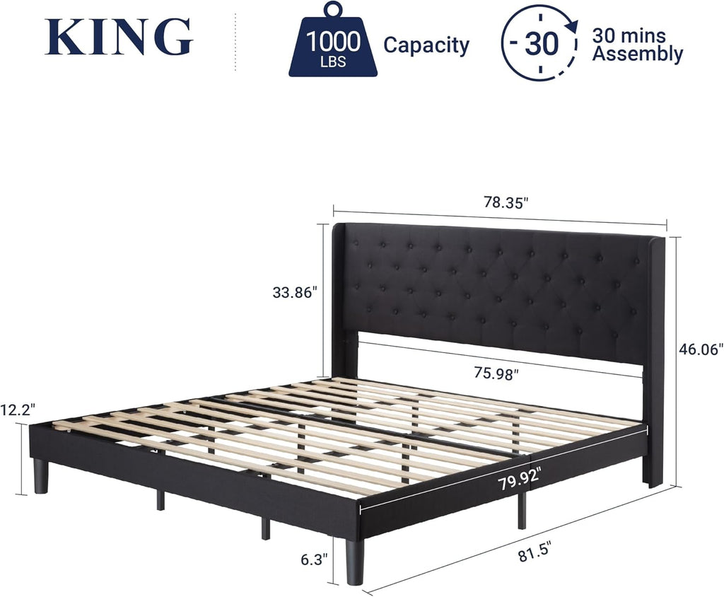 Allewie King Size Upholstered Bed Frame With Button Tufted Wingback Headboard, Black