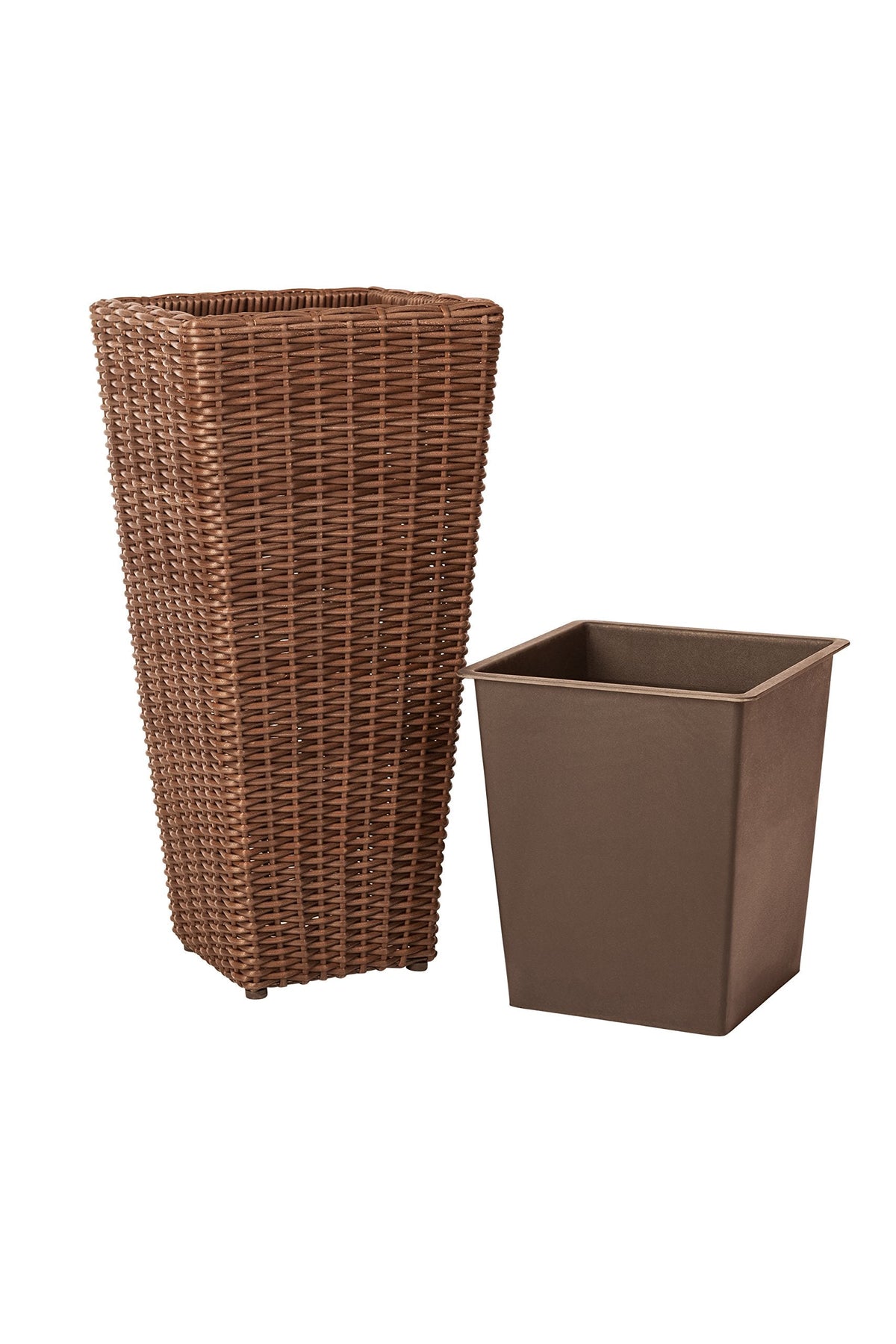 All-Weather Wicker Planter Set With Liners, 2 Piece, Mocha, 11 in L x 11 in W x 23 in H