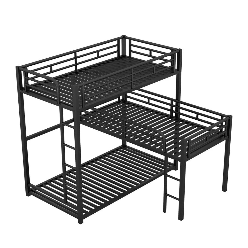 L-Shaped Metal Triple Twin Bunk Bed For 3, Black