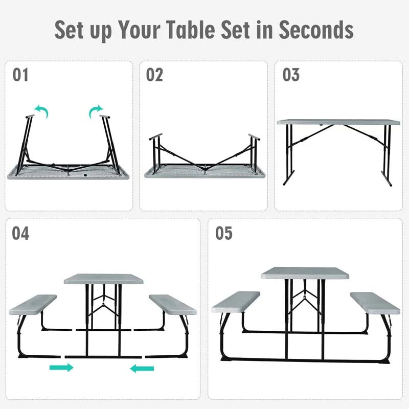 4-Person Folding Picnic Table Bench Set, 59 in x 54 in x 28.5 in - Steel And HDPE