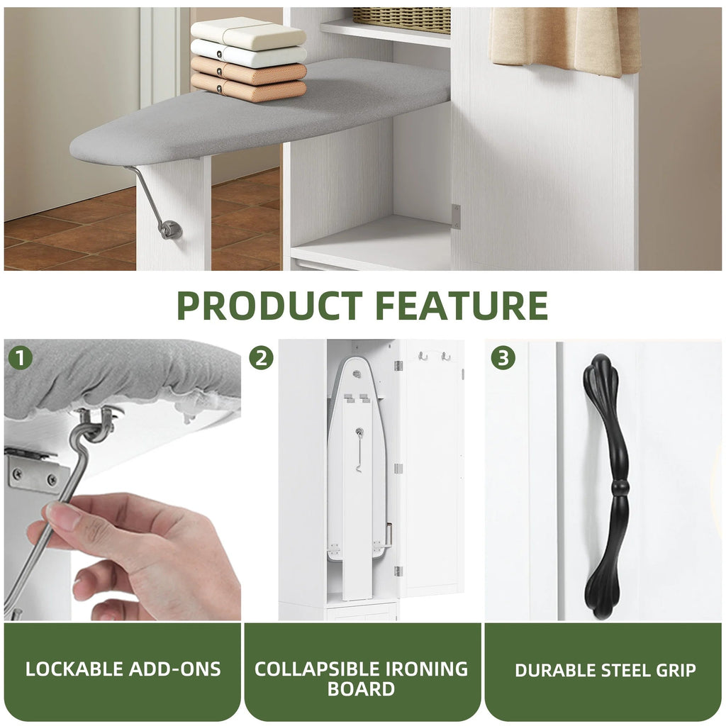 Uforic Ironing Board Storage Cabinet With Foldable Board, Support Leg, White