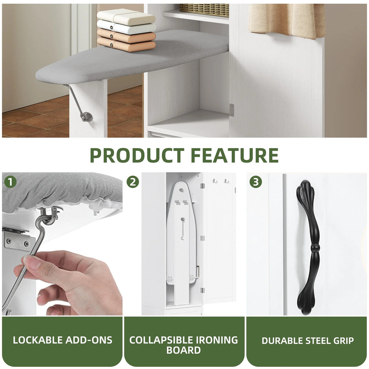 Uforic Ironing Board Storage Cabinet With Foldable Board, Support Leg, White