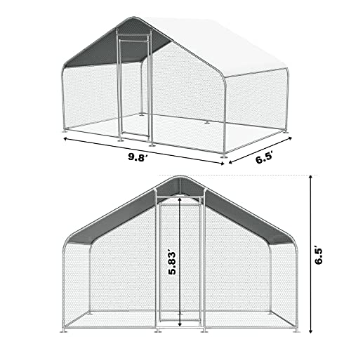 Large Metal Chicken Coop Poultry Cage for 6/10 Chickens, 9.8' L x 6.5' W x 6.5' H