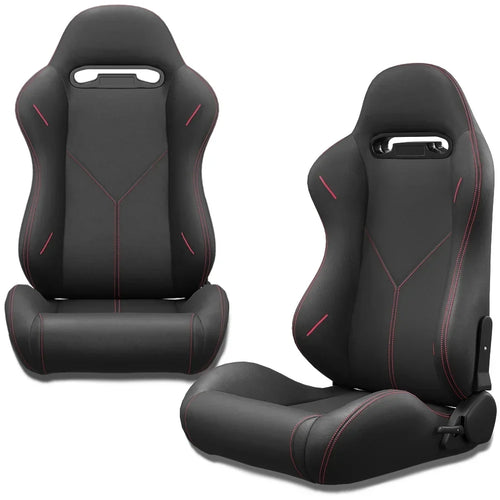 2PC Universal Reclinable Bucket Racing Seats With Adjustor Slider - Red PVC Leather