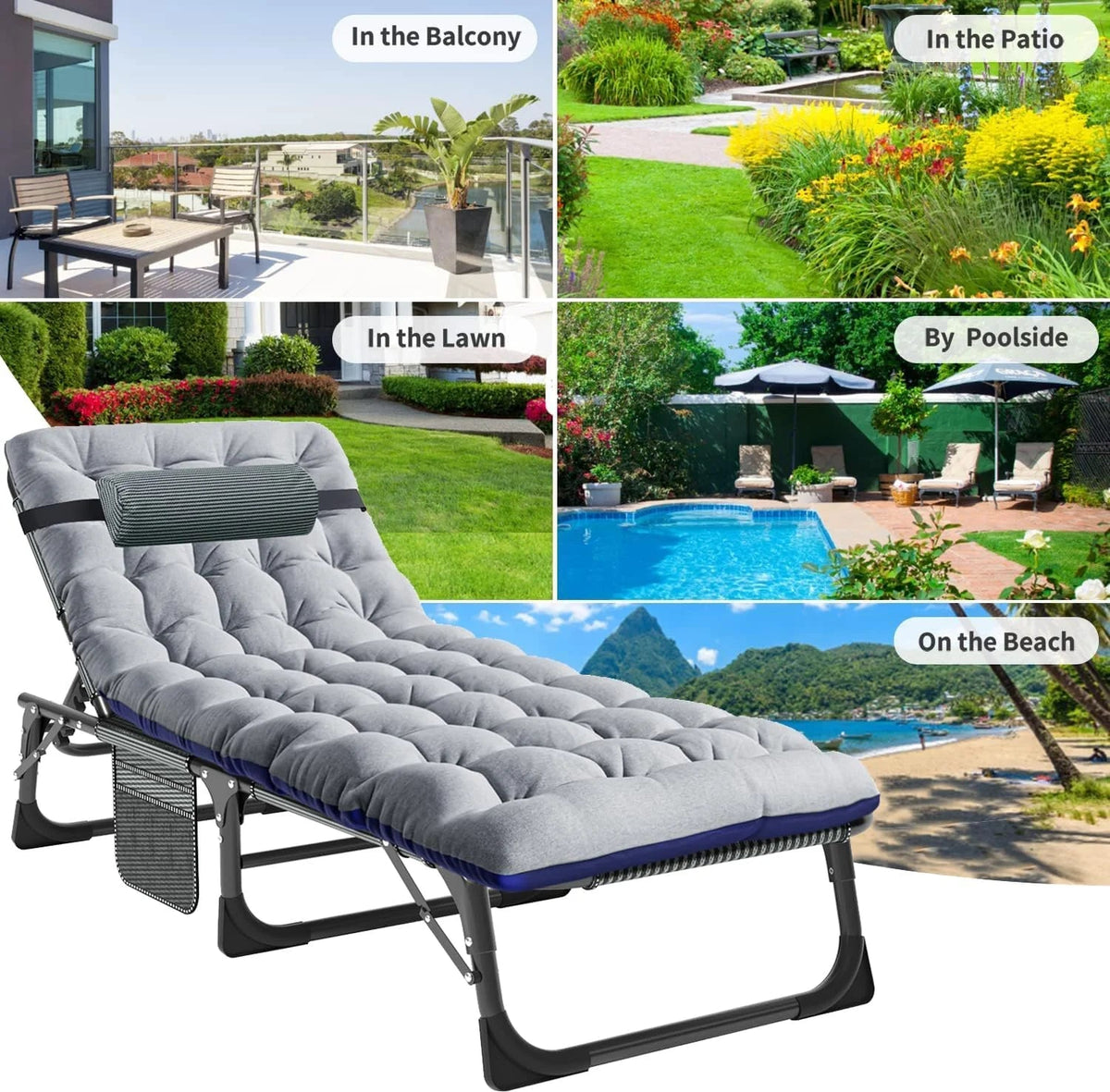 Slsy 5-Position Adjustable Folding Lounge Chair And Cot - 75.2" x 25.6" x 11.8"