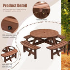 8-Person Fir Wood Round Picnic Dining Set With 4 Built-In Benches, 43.3-In Tabletop And Umbrella Hole