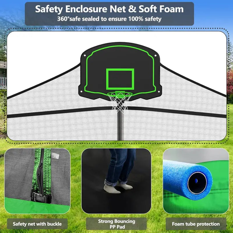 Trampoline With Enclosure Net And Adjustable Basketball Hoop - 8ft, 10ft, 12ft, 14ft, 15ft, 16ft