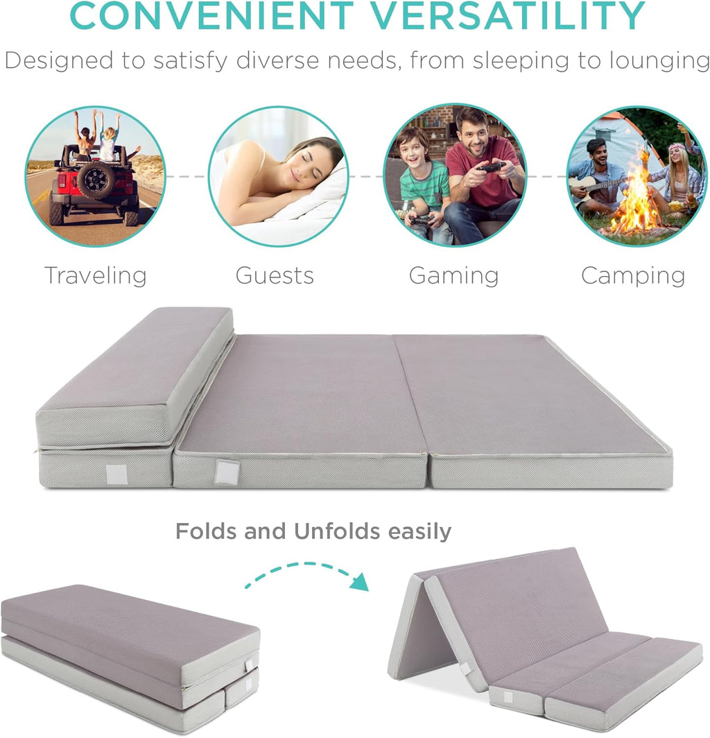 Best Choice Products Queen-Size 4in Tri-Fold Foam Mattress With Carry Case - Grey