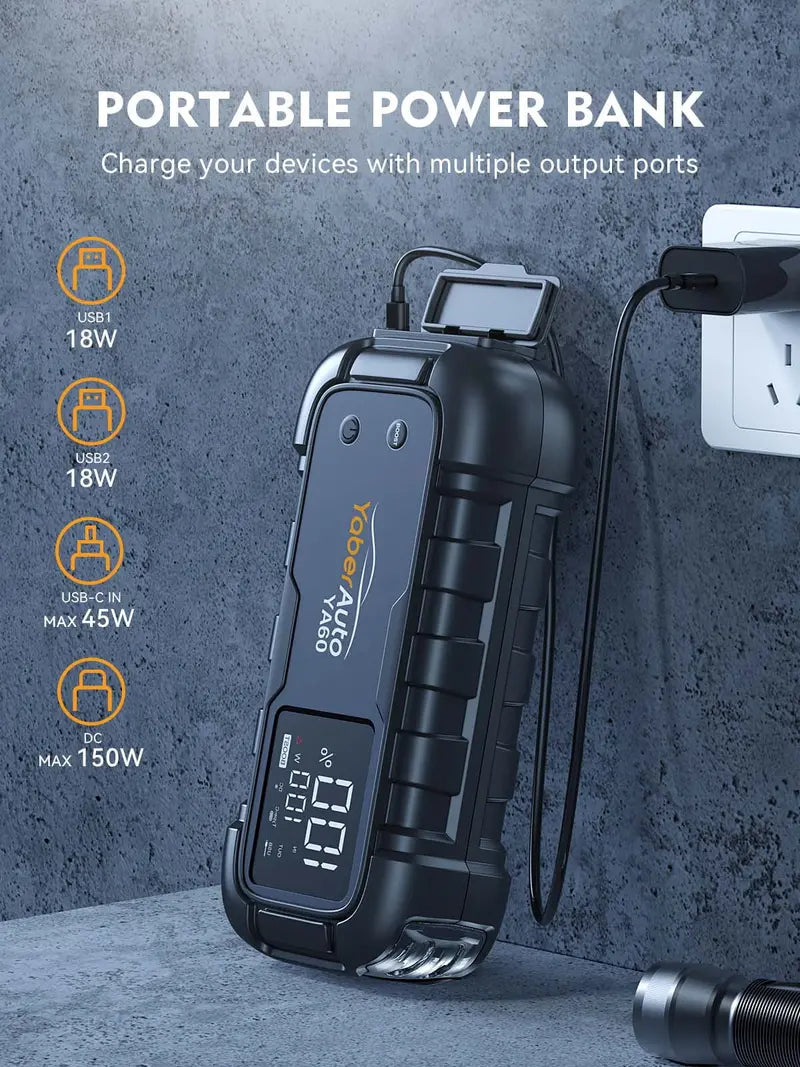 YaberAuto Car Battery Jump Starter 6000A, 26800mAh, 45W, 600 Lumens - YABERAUTOYA60