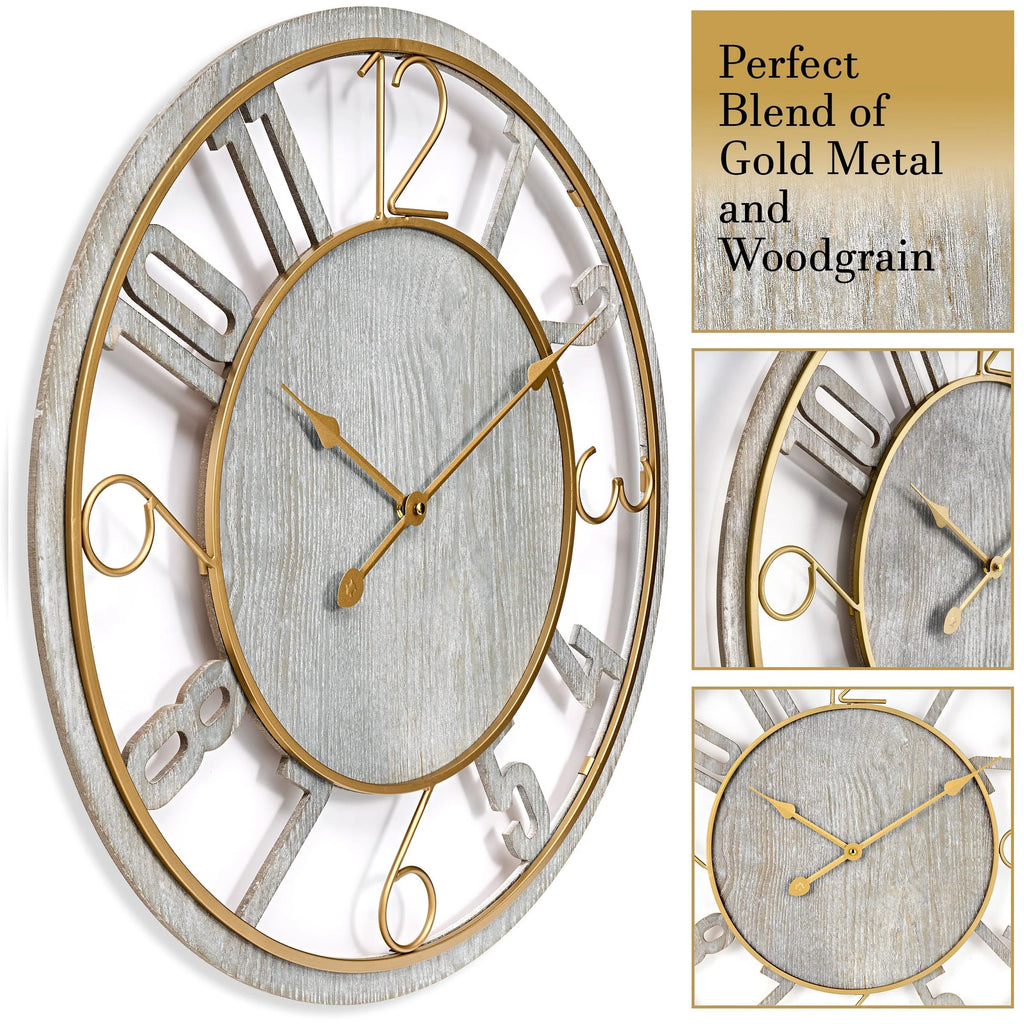 24 Inch Round Wooden Wall Clock With Numeral Design - Battery Operated