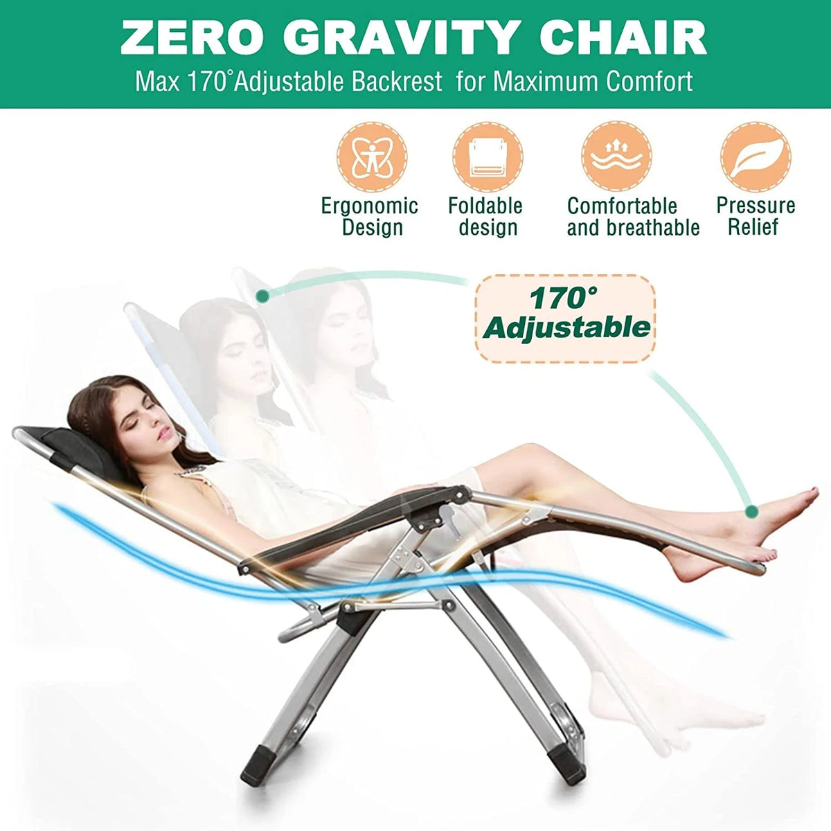 NAIZEA Zero Gravity Chair With Removable Cushion, Cup Holder, and Black Color