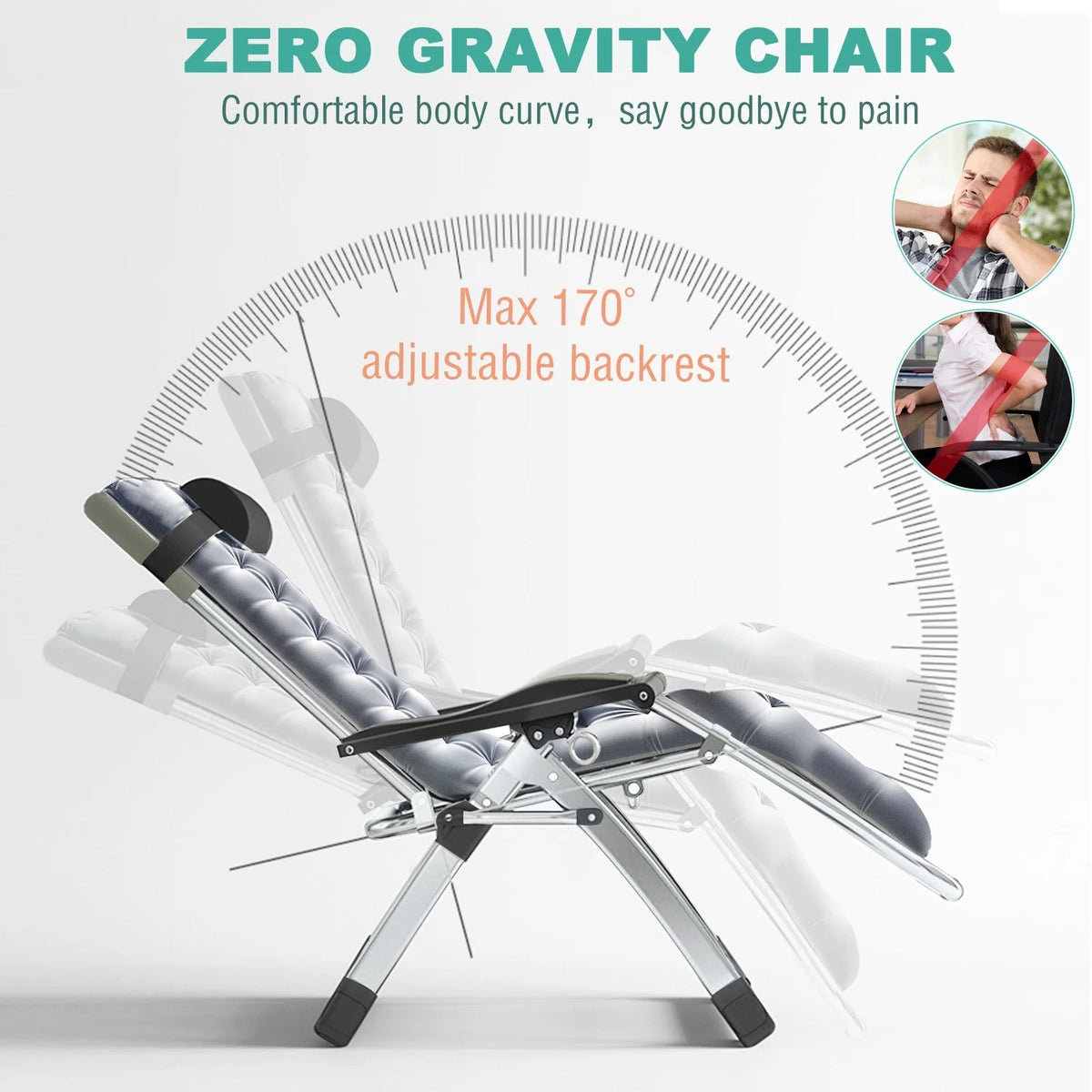 NAIZEA Zero Gravity Chair With Removable Cushion, Cup Holder, and Black Color
