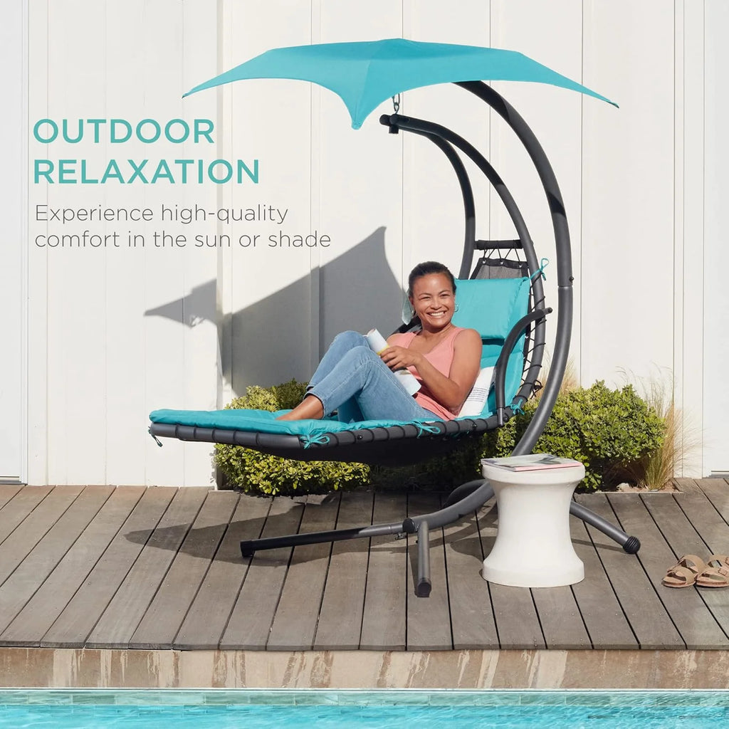 Best Choice Products Outdoor Hanging Steel Chaise Lounge Chair With Canopy, Charcoal Gray - SKY5871