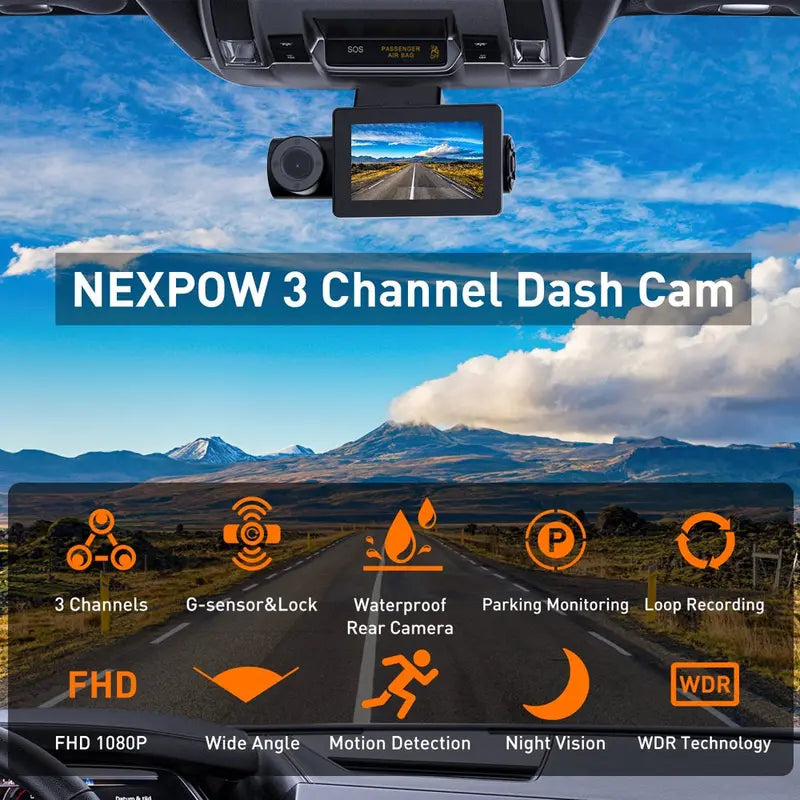 Nexpow 3 Channel 4K Front, Rear And Inside Dash Camera With 3 LCD Screen - DC305V