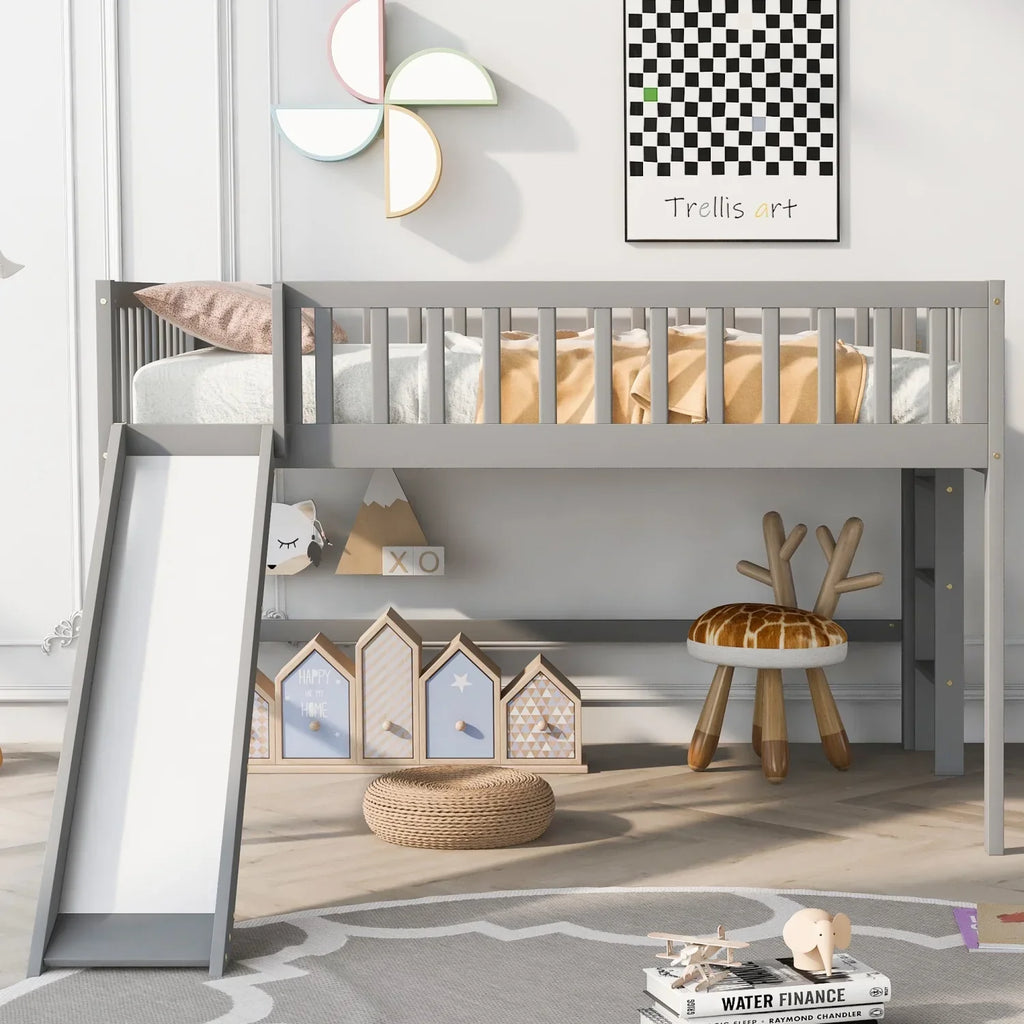 Gray Full Size Low Loft Bed With Ladder And Slide