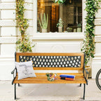 Cast Iron Outdoor Garden Bench, 49.5 x 20.5 x 29 in, Black + Natural