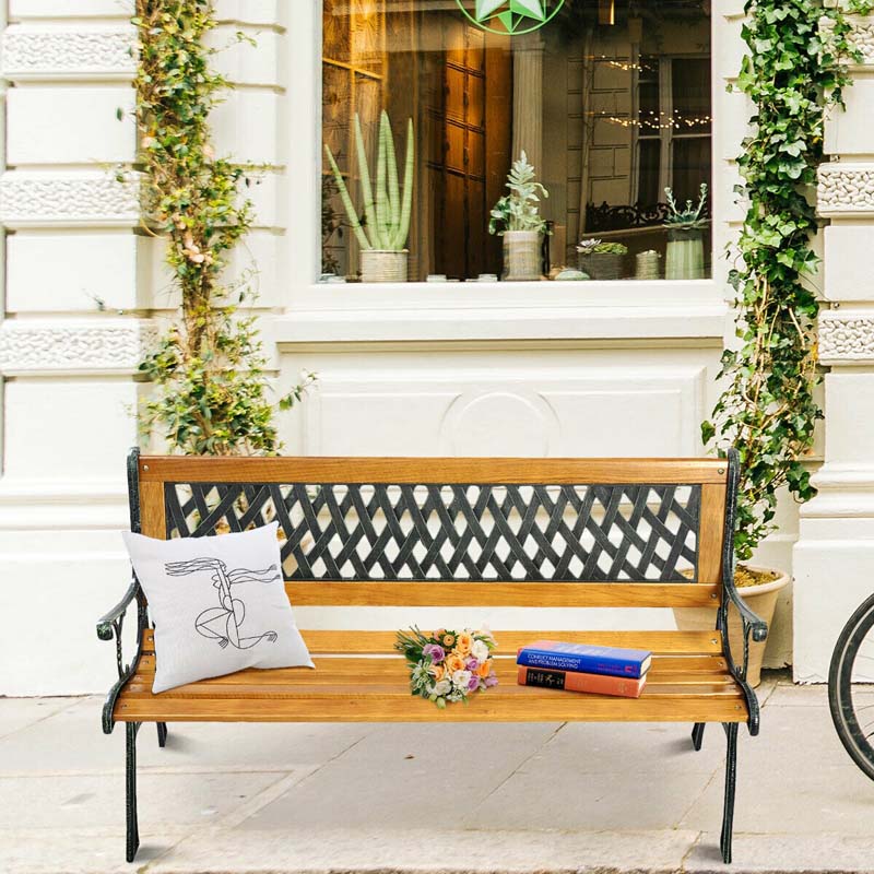 Cast Iron Outdoor Garden Bench, 49.5 x 20.5 x 29 in, Black + Natural