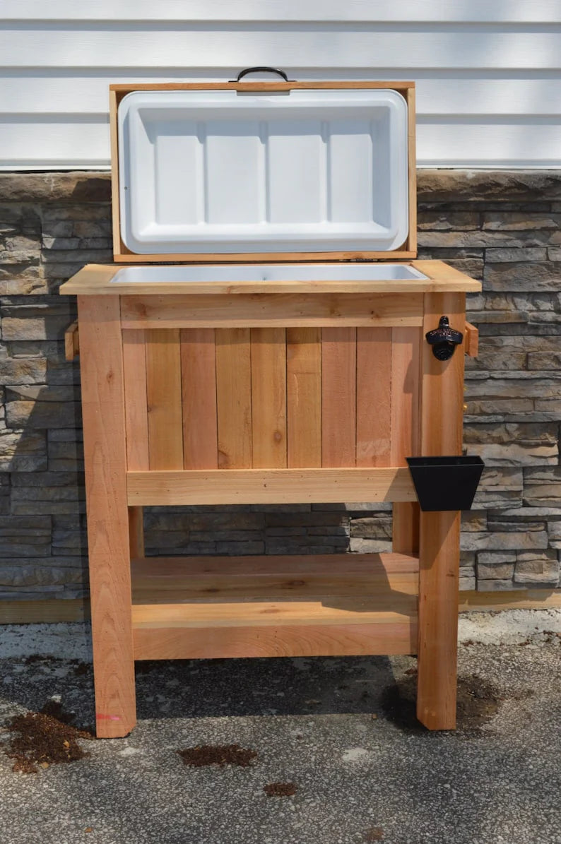 Inked Woodworking 48 Quart Antiqued Cedar Cooler Stand With Brass Drain, Bottle Opener And Cap Catcher