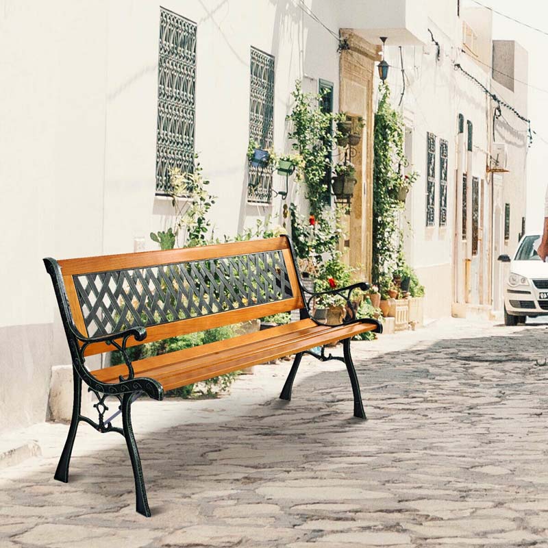 Cast Iron Outdoor Garden Bench, 49.5 x 20.5 x 29 in, Black + Natural