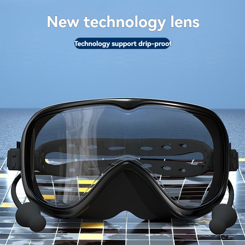 Silicone Large-Frame Swimming Goggles With Cap Set, Black - Clear Lens